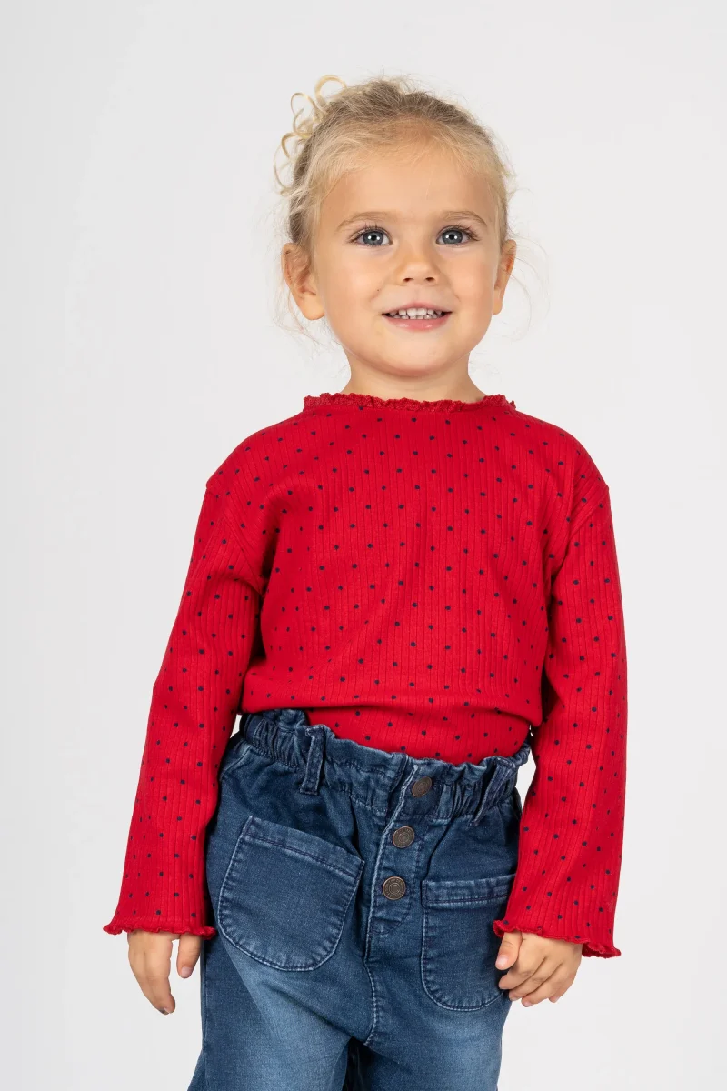 Camiseta bebé niña roja de canalé con lunares