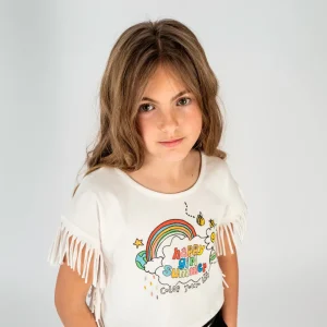 Camiseta de niña blanca detalle flecos