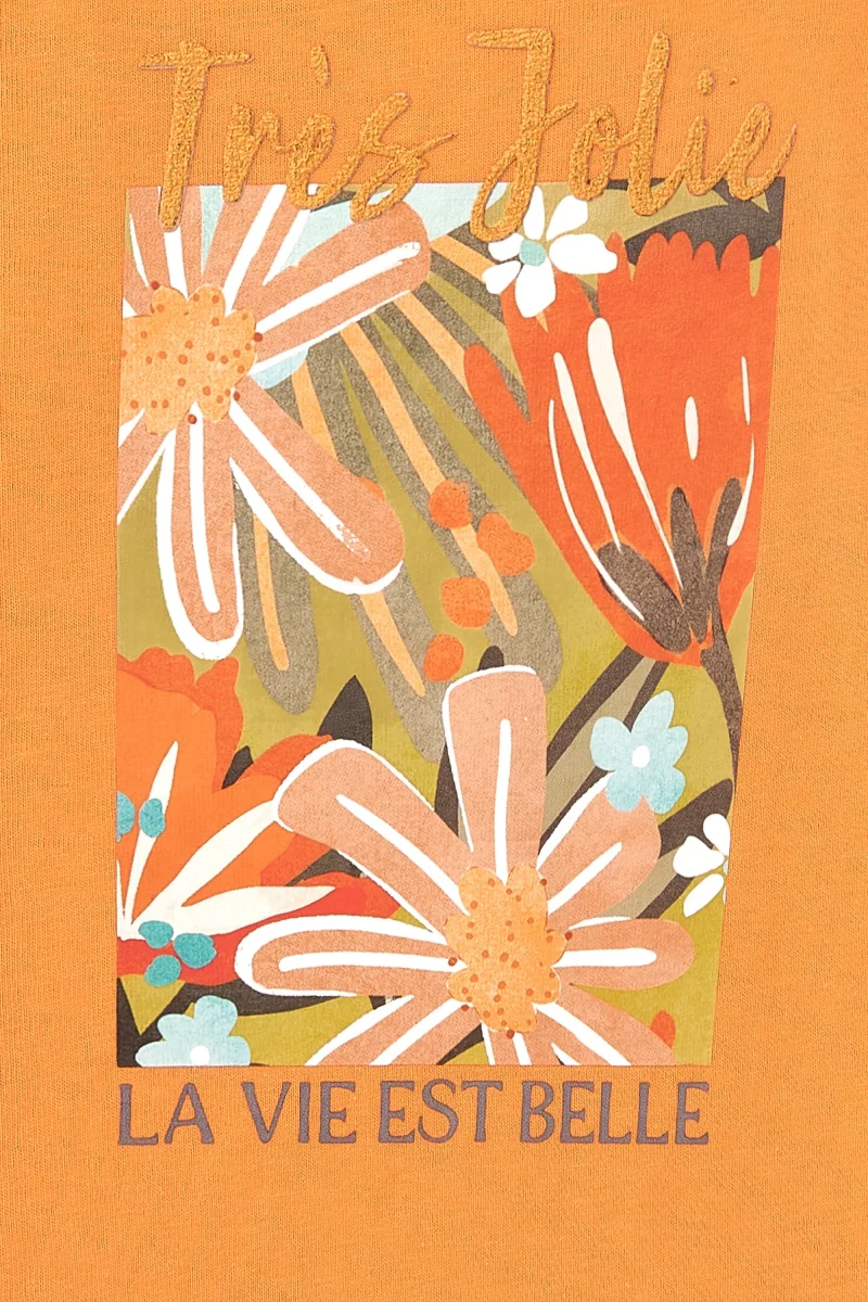 Camiseta de niña naranja estampado floral - Imagen 5