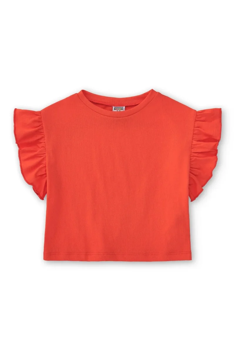 Camiseta niña roja manga corta con volantes - Imagen 3