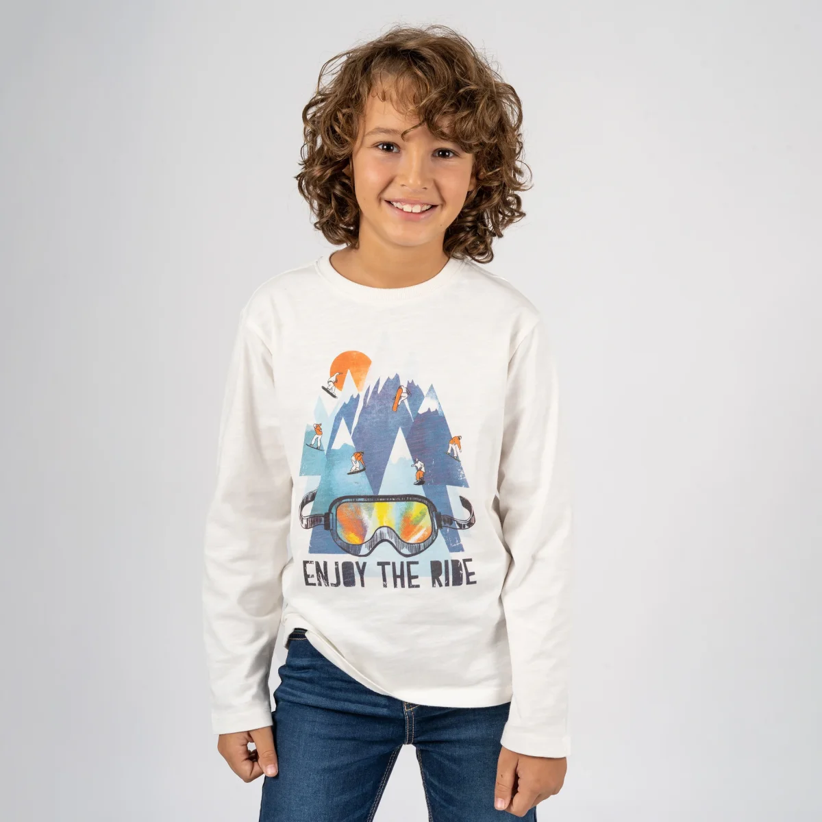 Camiseta manga larga de niño color crudo snowboard