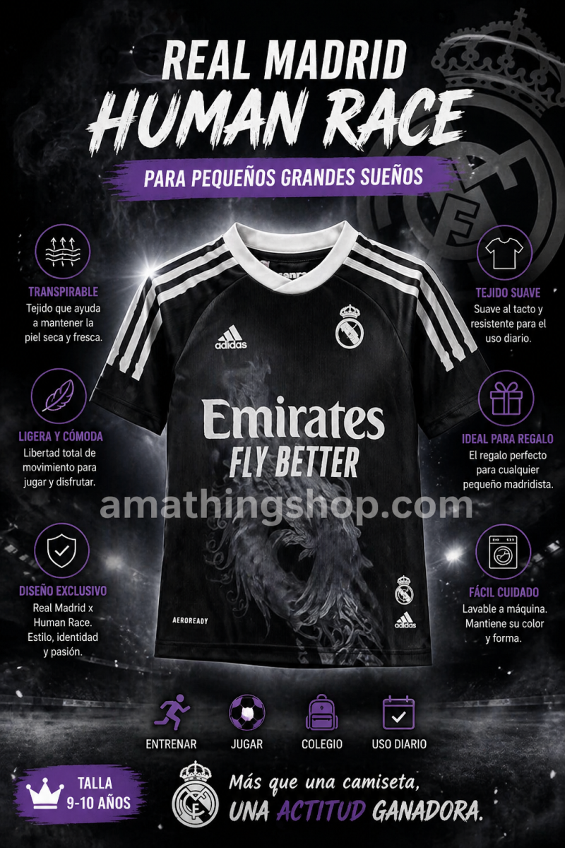 ADIDAS – Camiseta Real Madrid Niño Human Race 9-10 años – Adidas Oficial Negra/Blanca - Imagen 3