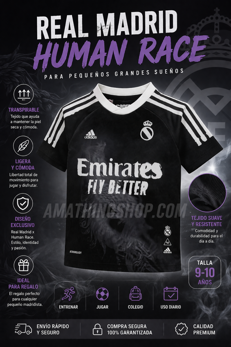 ADIDAS – Camiseta Real Madrid Niño Human Race 9-10 años – Adidas Oficial Negra/Blanca - Imagen 4