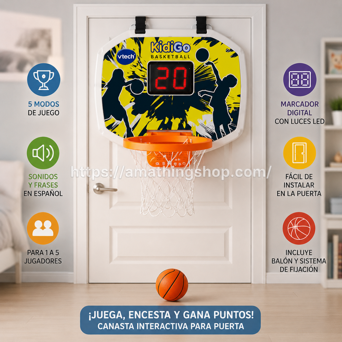 VTECH – Canasta de Baloncesto Interactiva VTech KidiSports para Puerta con Marcador Digital - Imagen 8