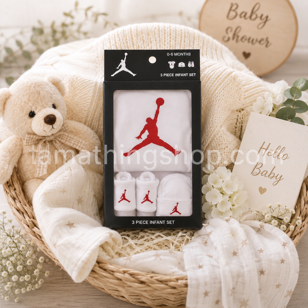 NIKE – Conjunto Nike Air Jordan Bebé Original 3 Piezas Blanco Jumpman Body Gorro Patucos 0-6 Meses MJ0041-001 - Imagen 9