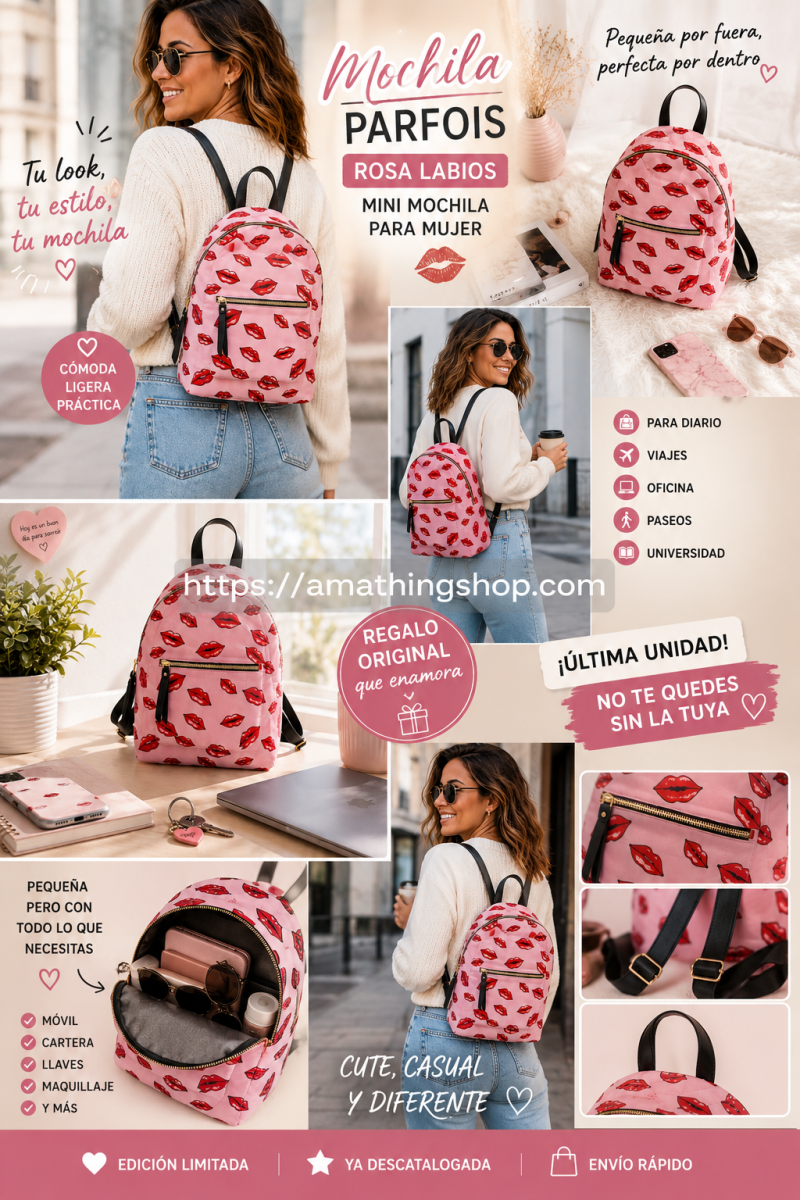 PARFOIS – Mochila Parfois Rosa Labios Mujer Mini Mochila Casual 5L - Imagen 7