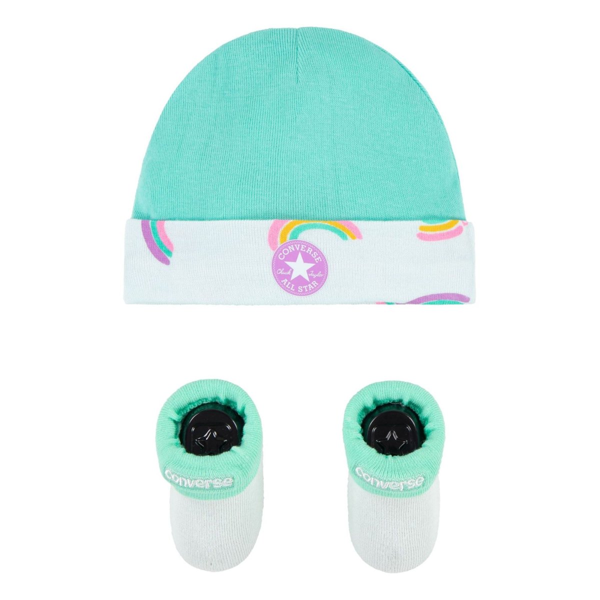 CONVERSE – Conjunto Bebé Converse Gorro Turquesa y Patucos Arcoíris