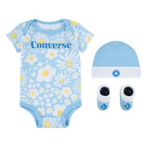 CONVERSE – Conjunto Bebé Original 3 Piezas 0-6 Meses Flores Azul Body Gorro Patucos Caja Regalo Edición Limitada NC0347-BIS
