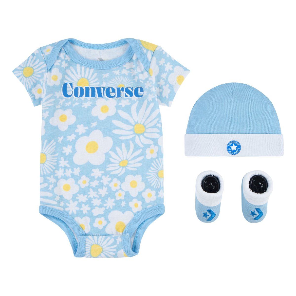 CONVERSE – Conjunto Bebé Original 3 Piezas 0-6 Meses Flores Azul Body Gorro Patucos Caja Regalo Edición Limitada NC0347-BIS - Imagen 2