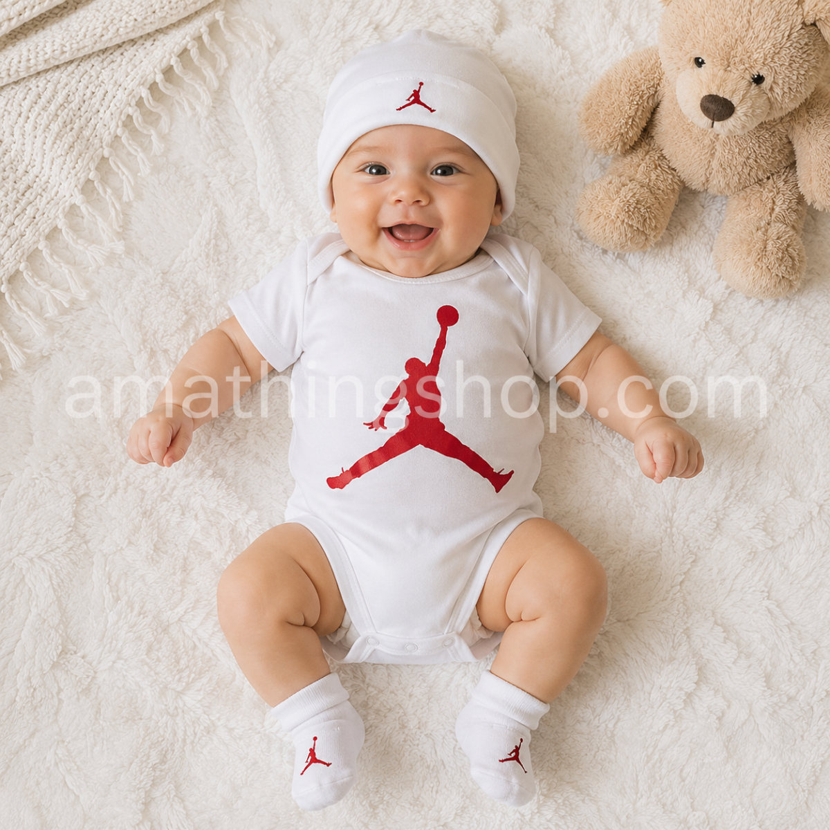 NIKE – Conjunto Nike Air Jordan Bebé Original 3 Piezas Blanco Jumpman Body Gorro Patucos 0-6 Meses MJ0041-001 - Imagen 4
