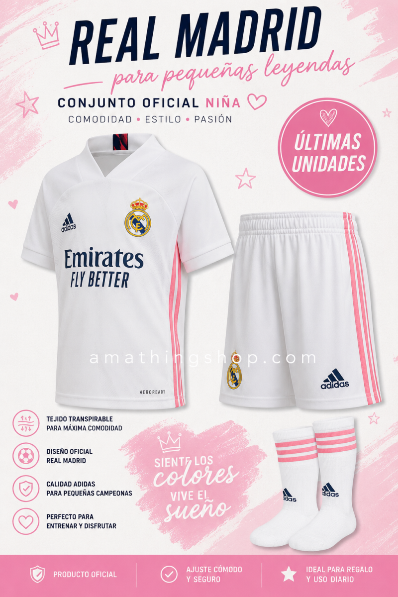 ADIDAS – Conjunto Real Madrid niño 2020/21 oficial | Kit Adidas blanco y rosa - Imagen 7