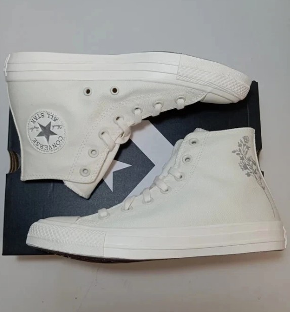 CONVERSE- Zapatillas Converse Chuck Taylor All Star High Blanca Mujer 39 Flores Plata Lona - Imagen 3
