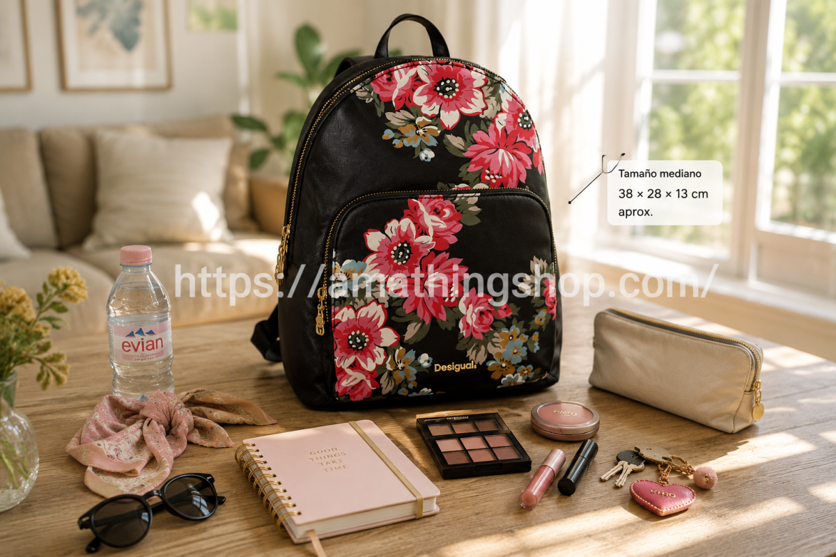 DESIGUAL – Mochila Desigual Floral Lima Travel Negra Mediana Exclusiva - Imagen 7