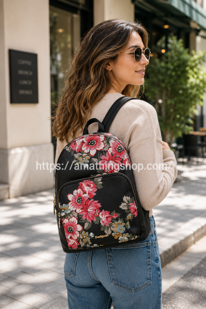 DESIGUAL – Mochila Desigual Floral Lima Travel Negra Mediana Exclusiva - Imagen 3