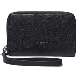 DESIGUAL – Monedero Melody Mini Zip Negro Mujer con Bordado y Asa Extraíble