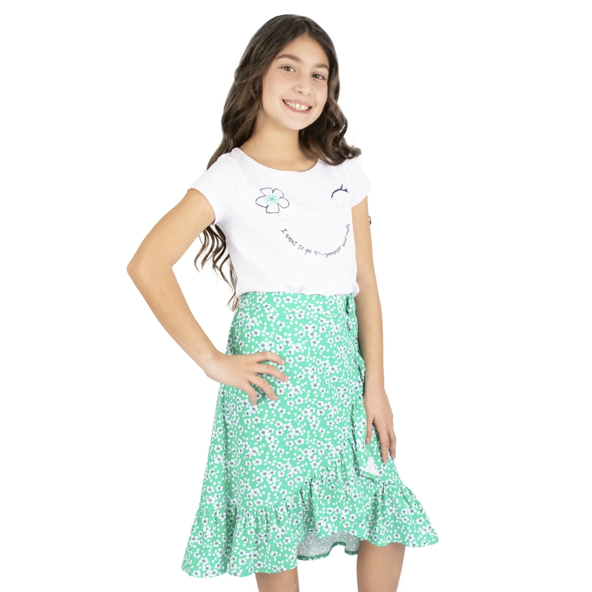 Falda niña verde floral con volante - Imagen 4