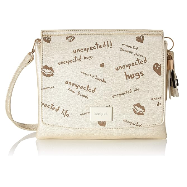 DESIGUAL – Bolso Bandolera Desigual Mujer Beige Dorado Ligero para Viajar y Día a Día