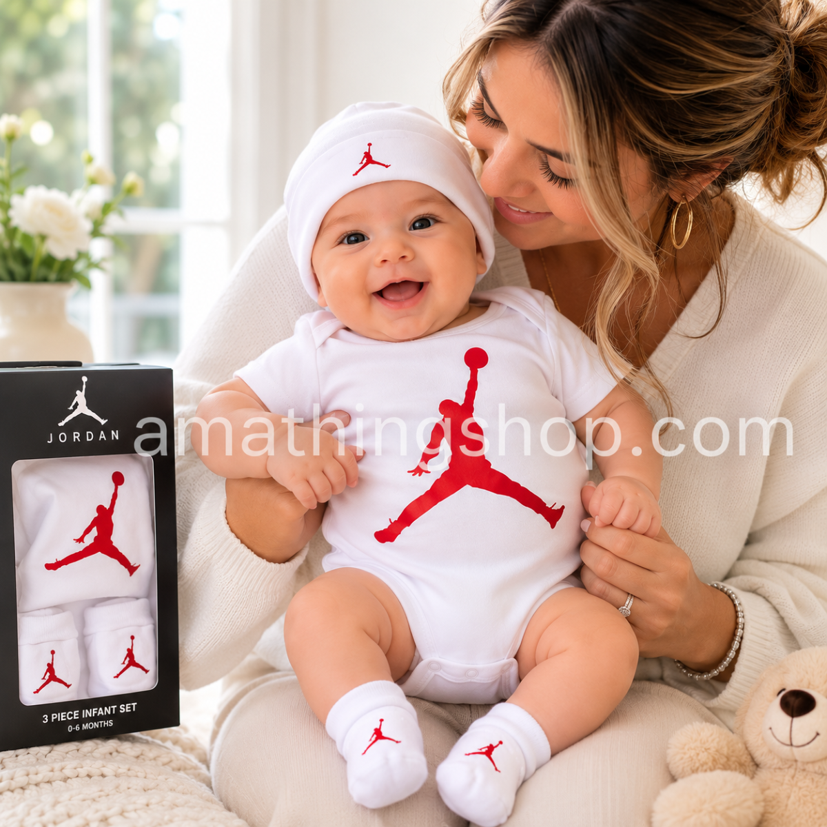 NIKE – Conjunto Nike Air Jordan Bebé Original 3 Piezas Blanco Jumpman Body Gorro Patucos 0-6 Meses MJ0041-001 - Imagen 8