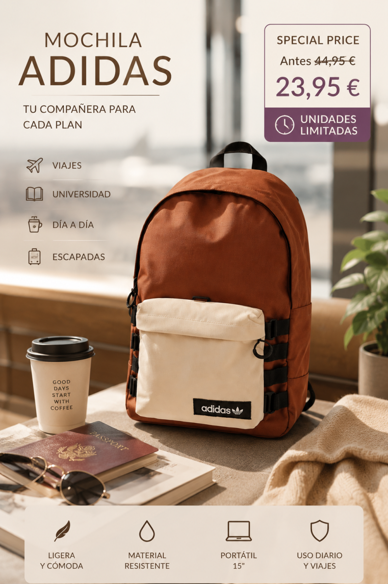 ADIDAS – Mochila Adidas Sport Modular Originals BP GN1395 22,5 L Marrón Unisex con Bolsillo Desmontable - Imagen 6