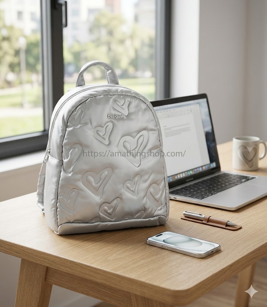 DESIGUAL – Mochila Desigual Simoneta Venice Plateada Corazones Mujer 36x32x12cm - Imagen 5