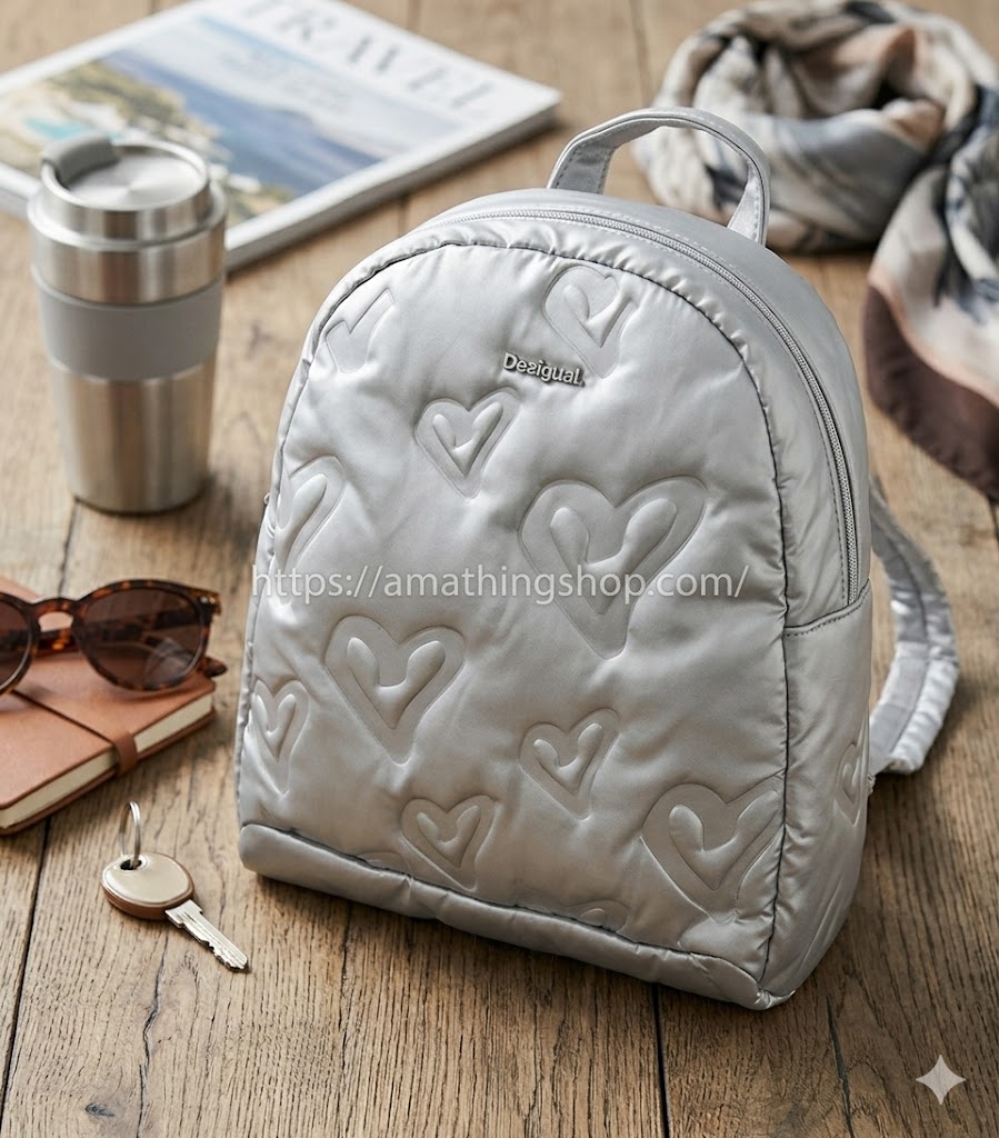 DESIGUAL – Mochila Desigual Simoneta Venice Plateada Corazones Mujer 36x32x12cm - Imagen 3