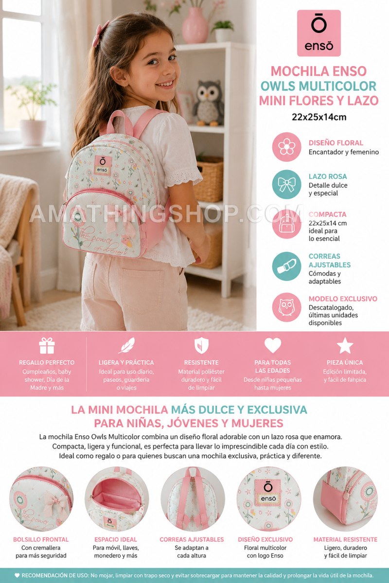 ENSO – Mochila Enso Owls Multicolor Mini Floral Rosa Niña Guardería 22x25x14 cm - Imagen 9