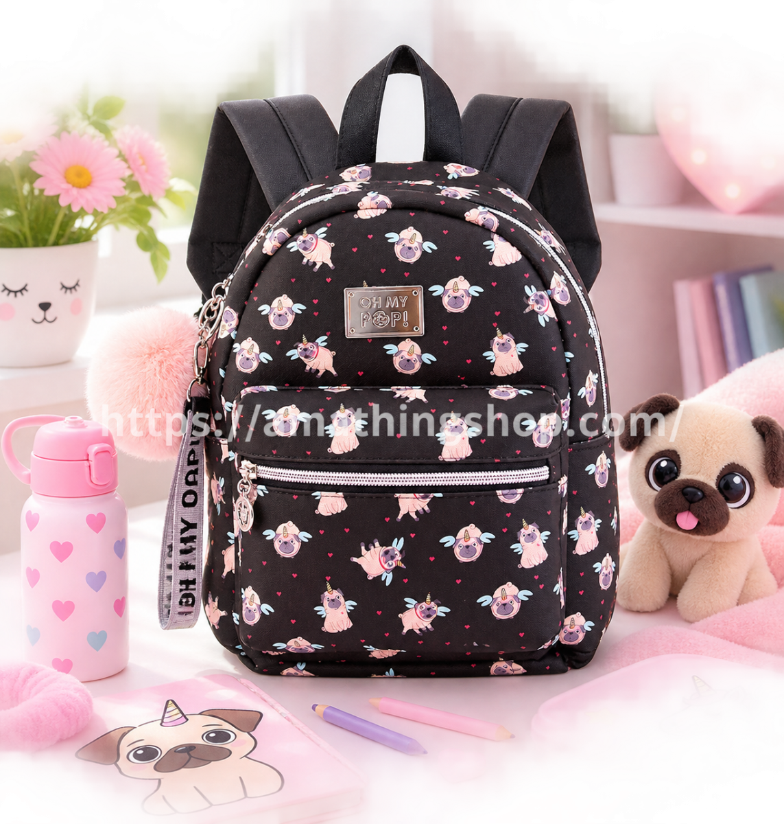 OH MY POP! – Mochila Oh My Pop Pug Niña Negra 27cm Kawaii Infantil Guardería y Colegio - Imagen 9