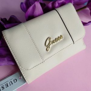GUESS – Monedero Cartera GUESS Mujer Beige Crema Logo Dorado 20×11 cm Billetera Larga