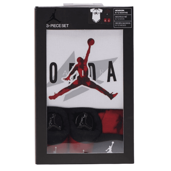 NIKE – Conjunto Bebé Air Jordan 3 Piezas Body Gorro y Patucos Blanco Negro Rojo Edición Limitada NJ0446-001 - Imagen 6