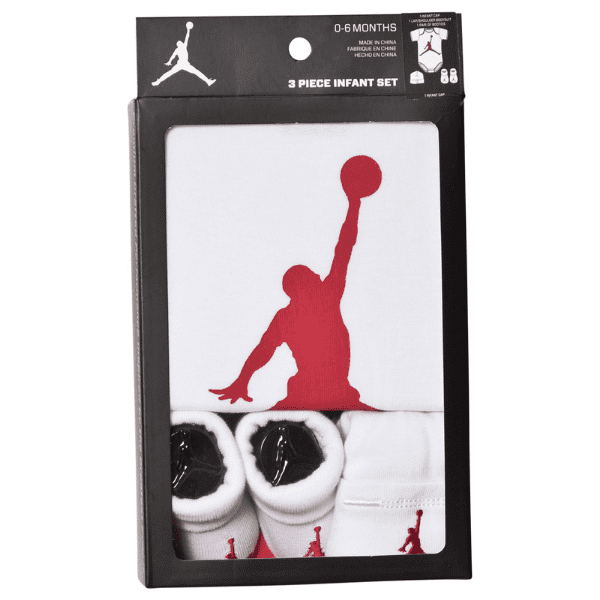 NIKE – Conjunto Nike Air Jordan Bebé Original 3 Piezas Blanco Jumpman Body Gorro Patucos 0-6 Meses MJ0041-001 - Imagen 3