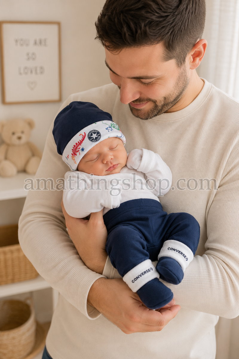 CONVERSE – Conjunto Converse Bebé Azul Marino 0-6 Meses Gorro y Patucos Edición Limitada - Imagen 5