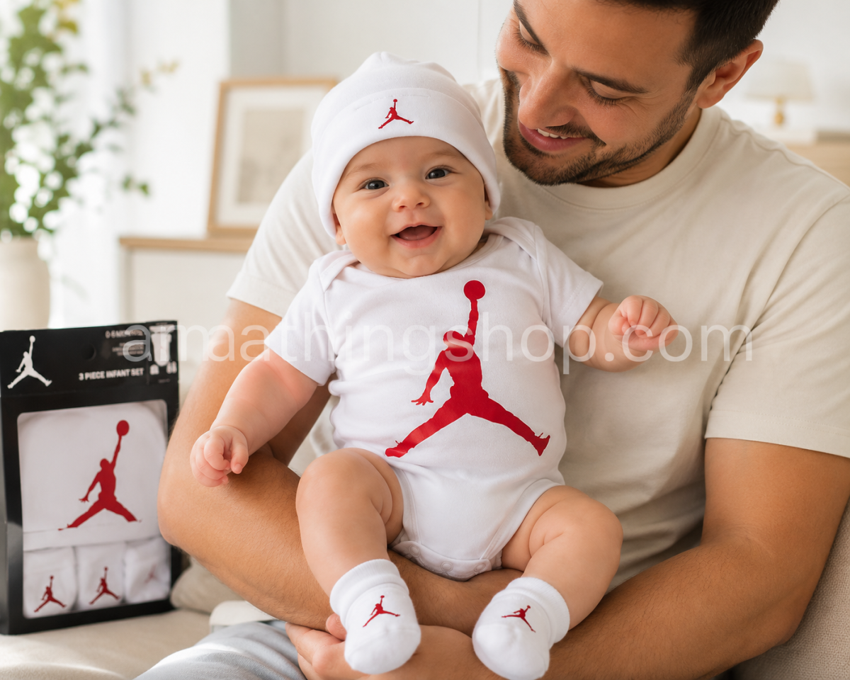 NIKE – Conjunto Nike Air Jordan Bebé Original 3 Piezas Blanco Jumpman Body Gorro Patucos 0-6 Meses MJ0041-001 - Imagen 6