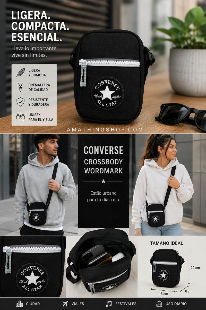 CONVERSE – Bandolera Converse Negra Unisex 9A5390 Crossbody para Móvil, Viaje y Festival - Imagen 9