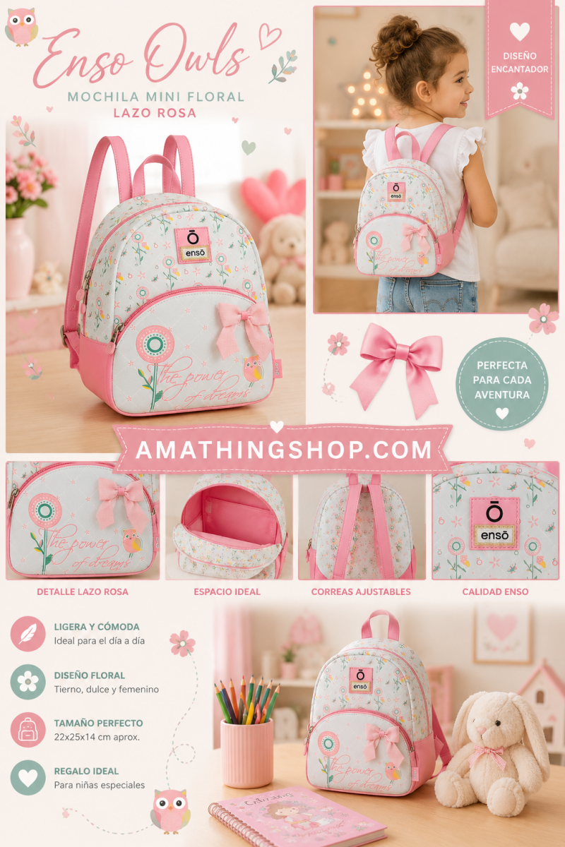ENSO – Mochila Enso Owls Multicolor Mini Floral Rosa Niña Guardería 22x25x14 cm - Imagen 4
