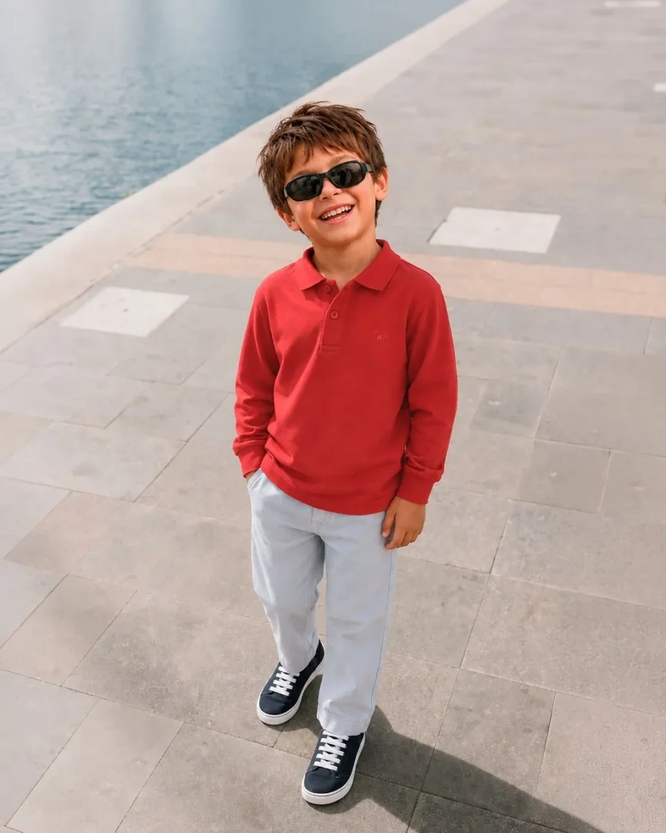 Polo manga larga de niño rojo básico botones - Imagen 2