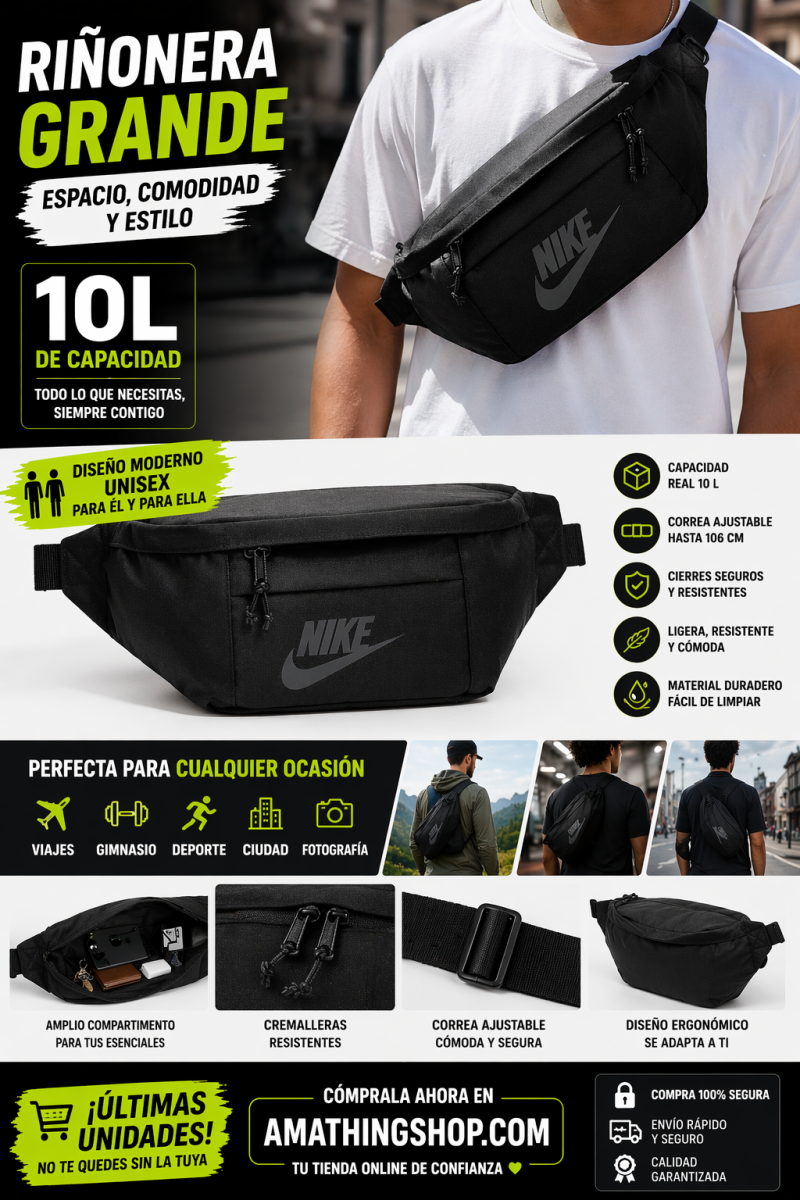 NIKE – Riñonera grande Nike Tech Hip Pack negra 10L bolso cruzado BA5751-010 - Imagen 8