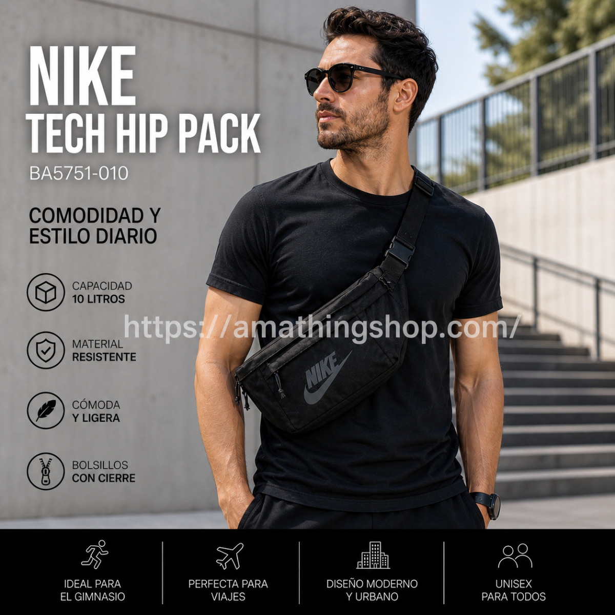 NIKE – Riñonera grande Nike Tech Hip Pack negra 10L bolso cruzado BA5751-010 - Imagen 3