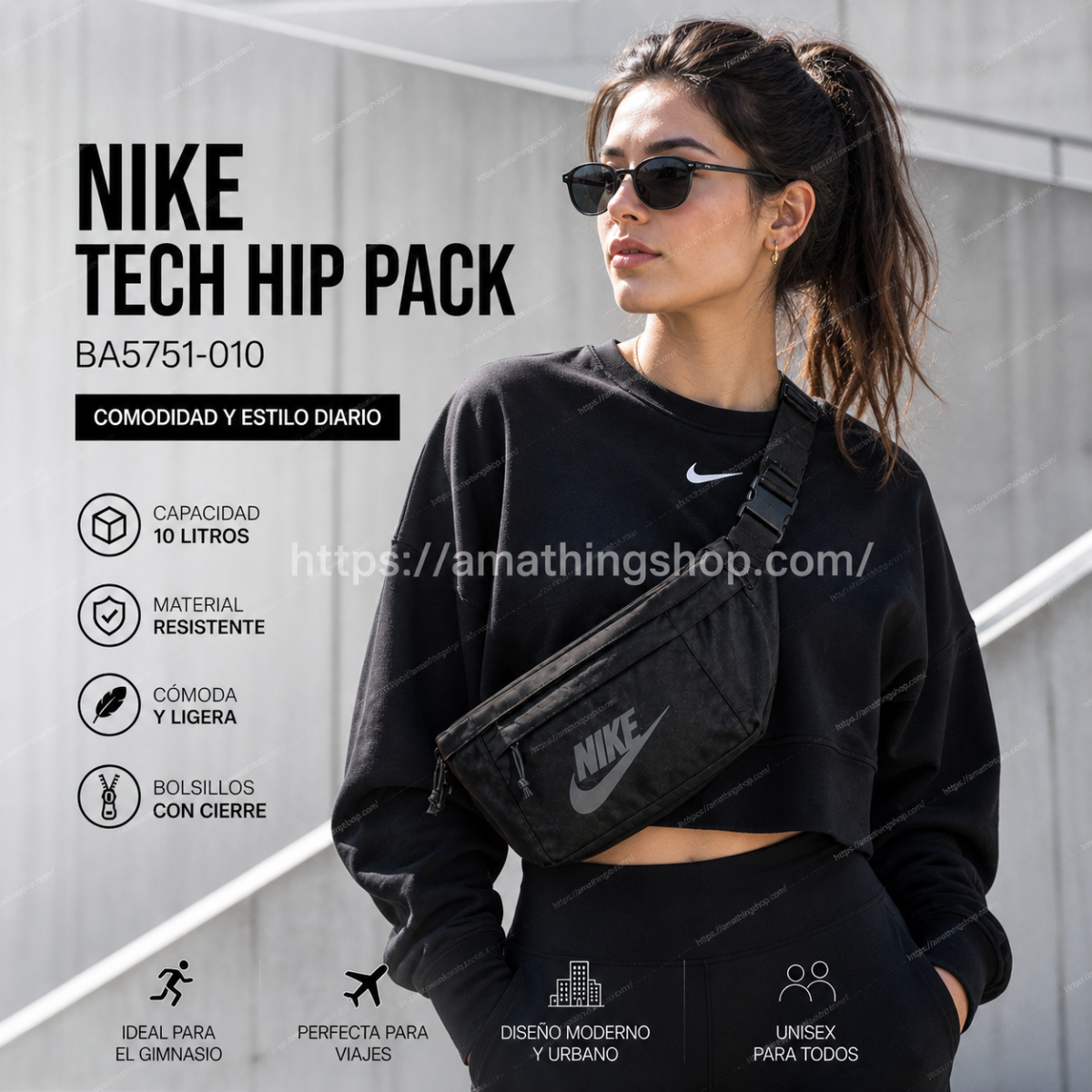 NIKE – Riñonera grande Nike Tech Hip Pack negra 10L bolso cruzado BA5751-010 - Imagen 4