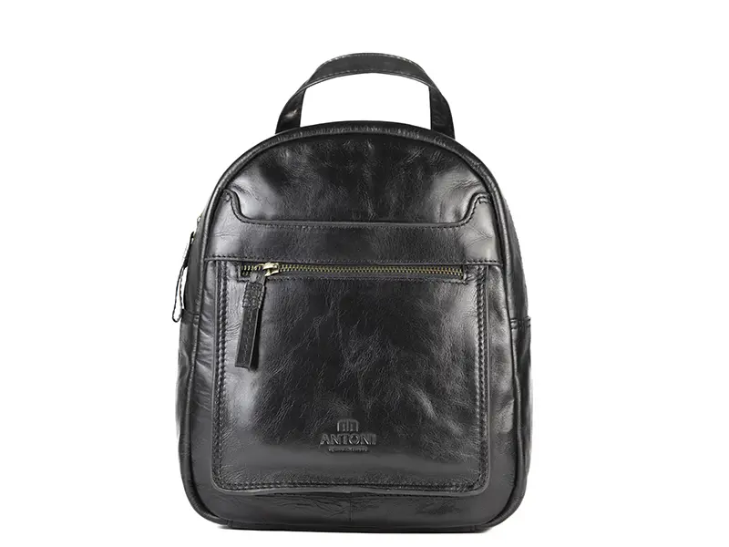 Mochila ANTONI redonda · En Piel Bovino · Color Negro y Cuero - Imagen 4