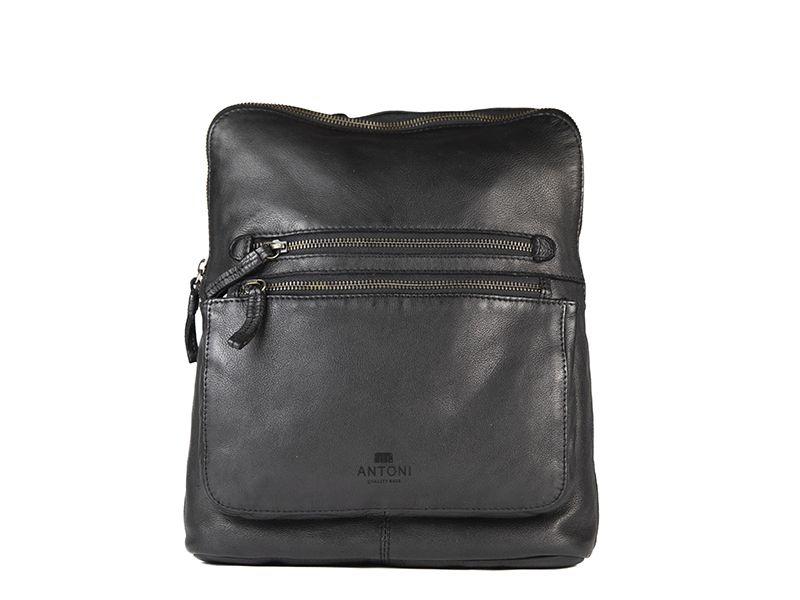 Mochila ANTONI Cuadrada · En Piel Bovino · Color Negro, Cuero y Marrón