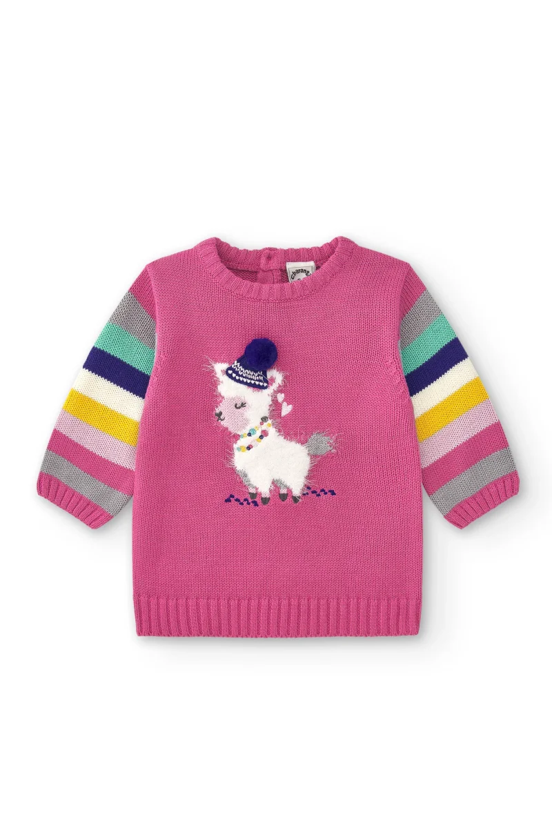 Vestido fucsia unicornio de bebé | Mangas largas de rayas - Imagen 3