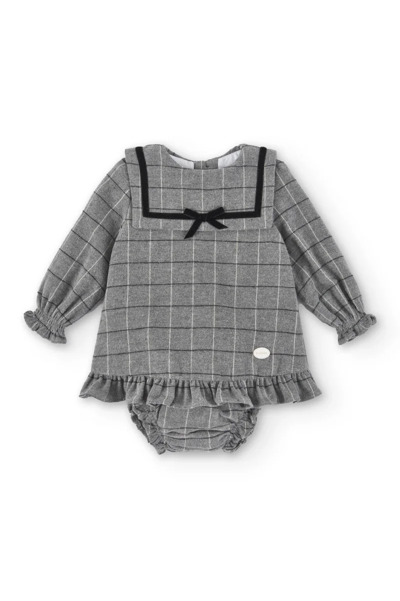 Conjunto vestido. braguita y capota de bebé cuadros vichy Cocote & Charanga