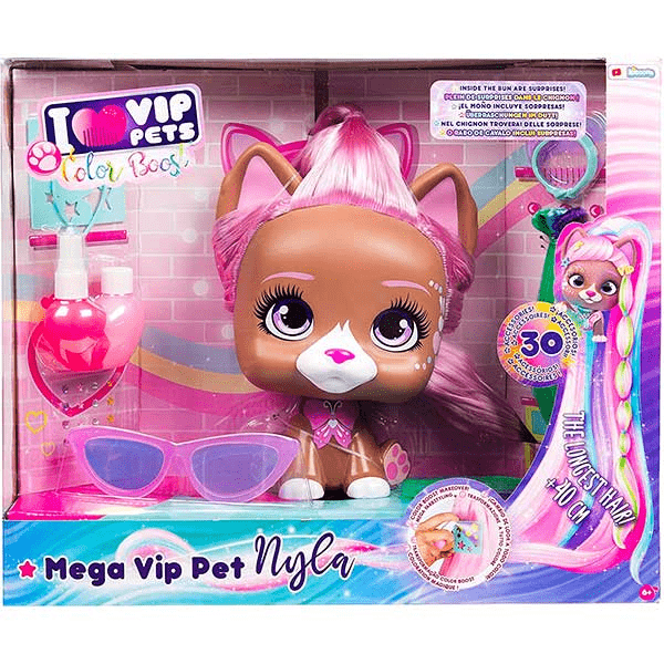 VIP PETS – Busto Mega Vip Pet Nyla – Color Boost con 40 cm de Pelazo y Más de 30 Accesorios