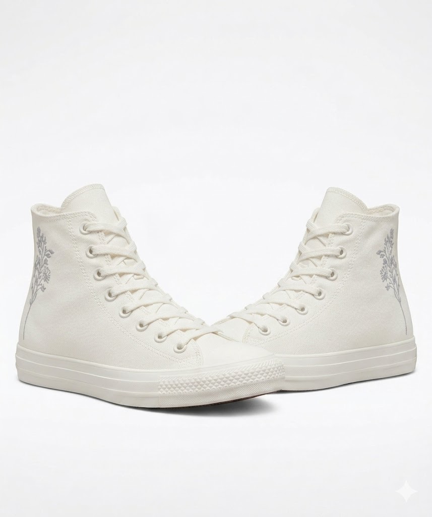 CONVERSE- Zapatillas Converse Chuck Taylor All Star High Blanca Mujer 39 Flores Plata Lona - Imagen 8